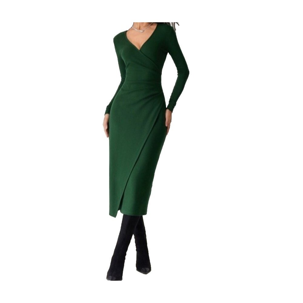 OGL Move Women's MaxWarm Surplice Wrap Dress Green Long Sleeve Midi Casual XL